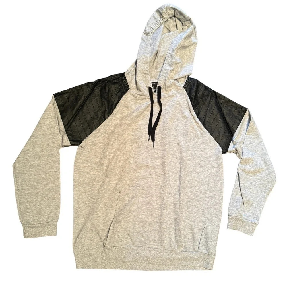 Forever‎  21 Faux Leather Quilted Shoulder 80s Style Hoodie Grey Black Women's L
